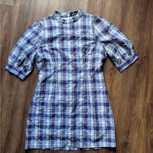 Lulu's Blue and White Puff Sleeve Sheath Dress